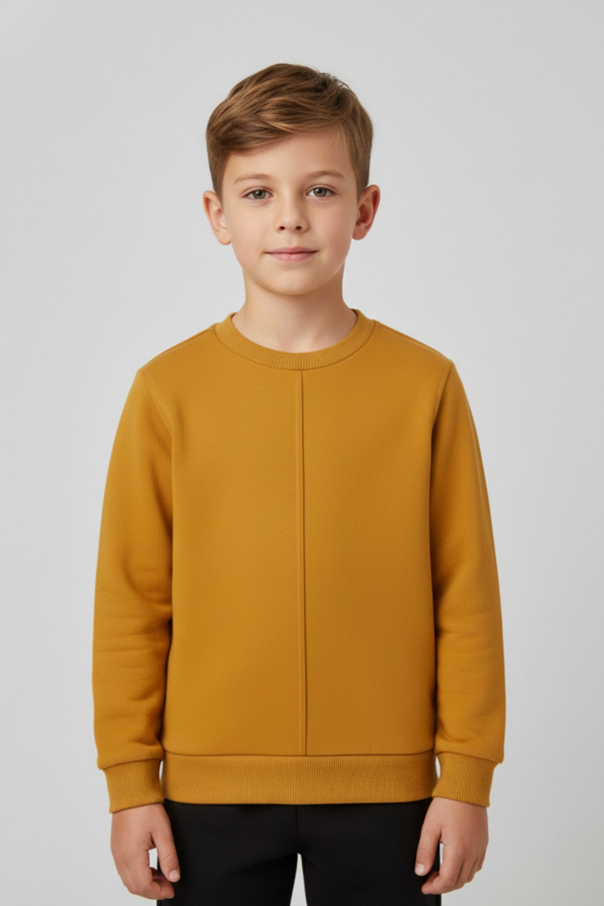 Unisex Çocuk Dikiş Detaylı 3 İplik Hardal Sweatshirt 8-9 Yaş