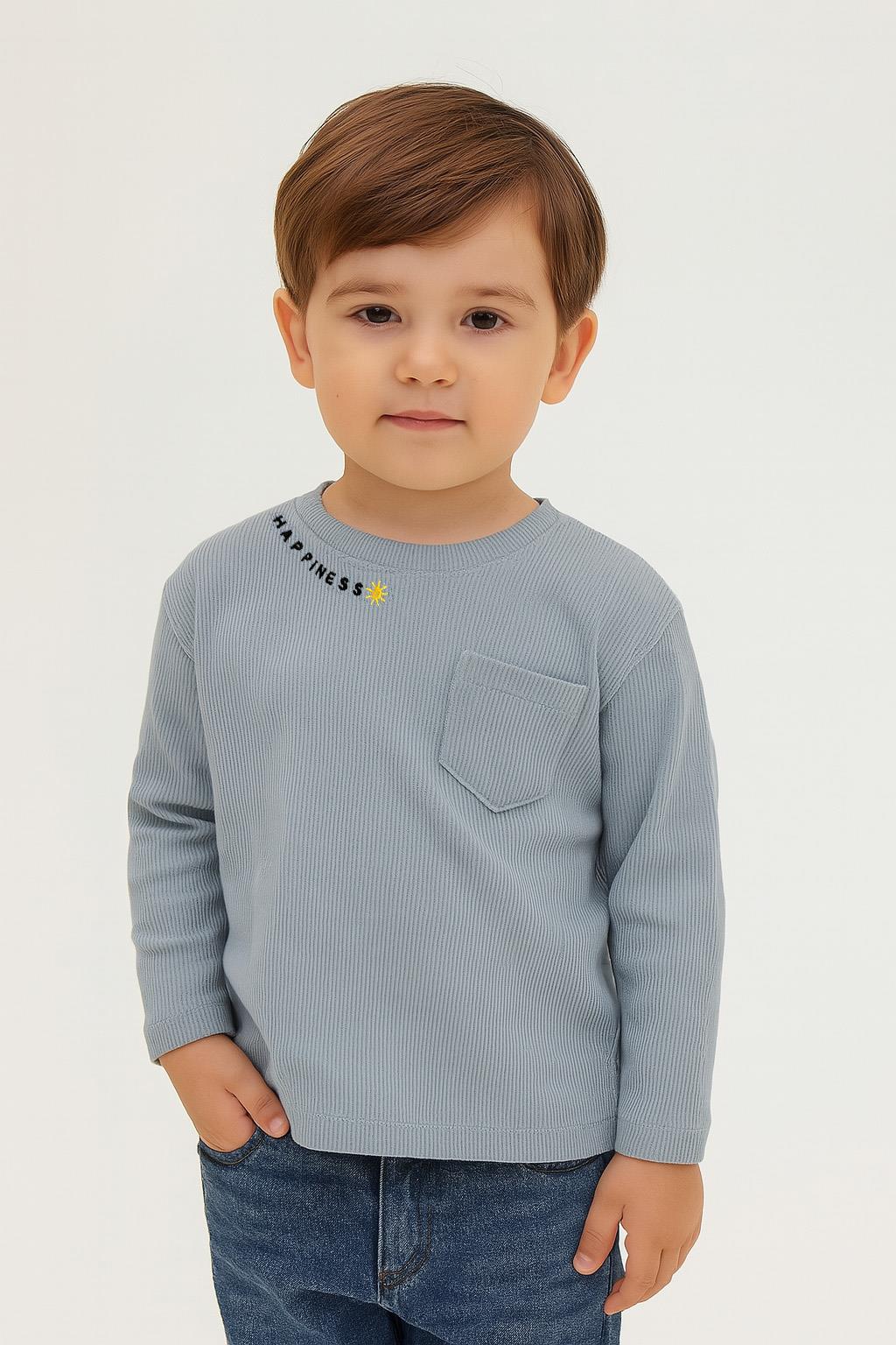 Unisex Çocuk Happiness Nakışlı Cepli Fitilli Kaşkorse Tişört
