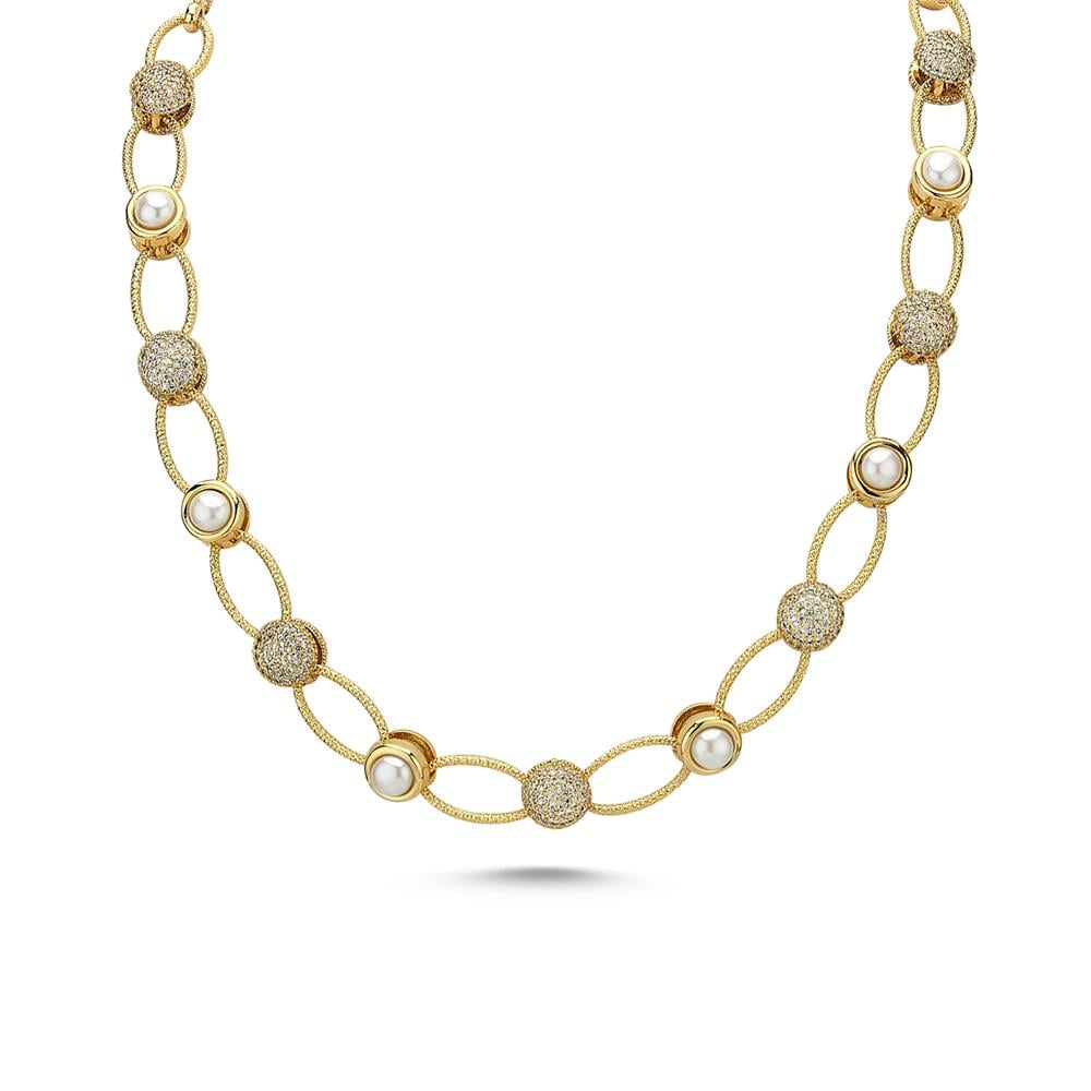 Pearlshine Zincir - Taşlı Kısa Gold Necklace