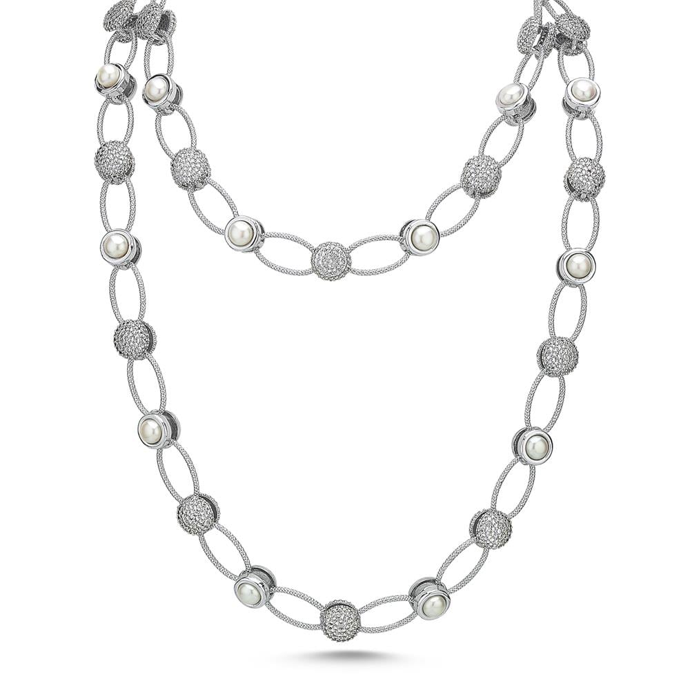 Pearlshine Zincir - Taşlı Uzun Silver Necklace