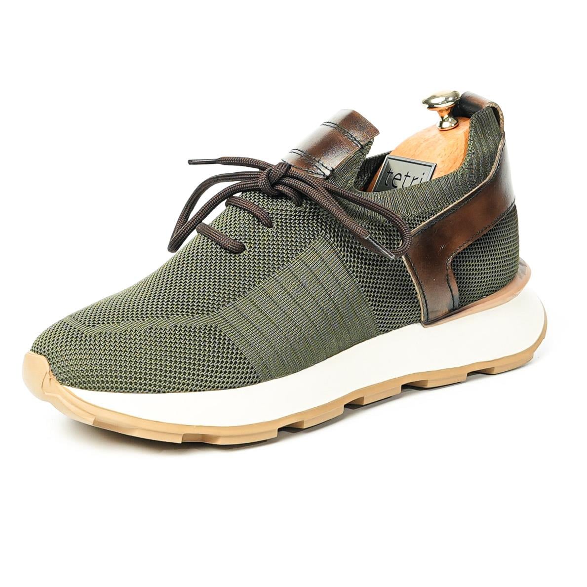 Leonidas Model Hakiki Deri El Yapımı Haki Erkek Triko Sneaker