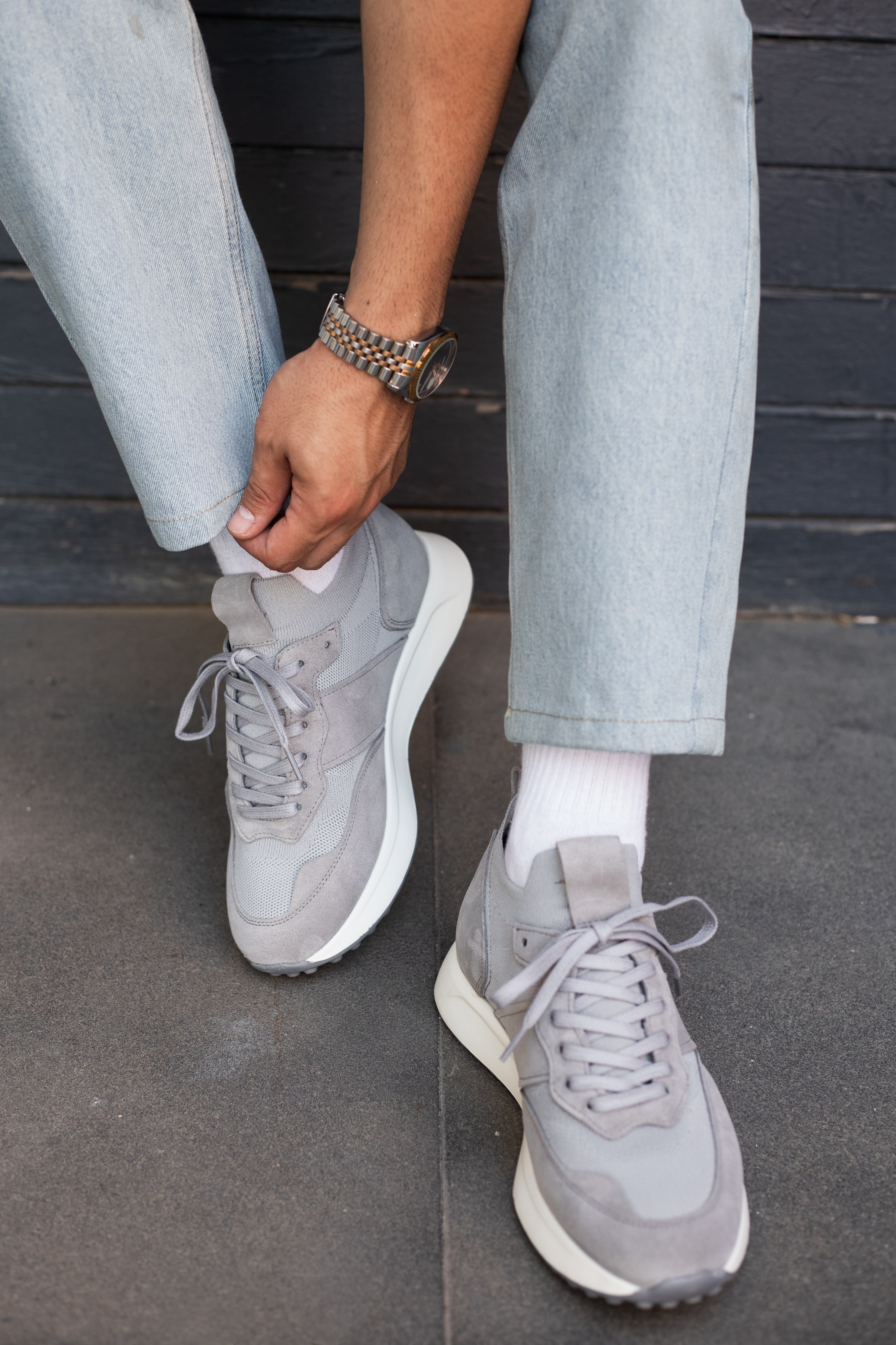 Sage Model Hakiki Deri El Yapımı Gri Triko Sneaker Ayakkabı