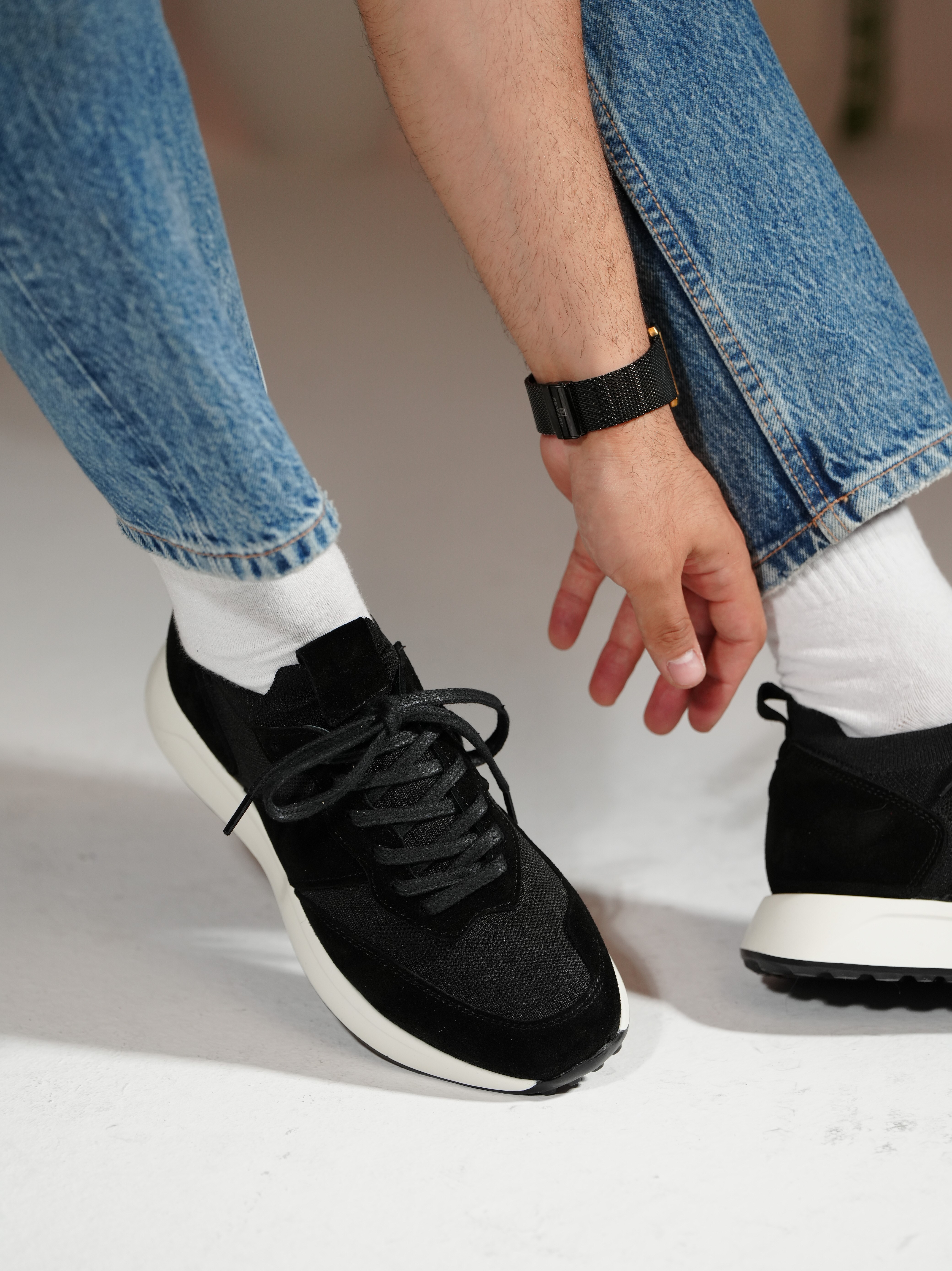 Sage Model Hakiki Deri El Yapımı Siyah Triko Sneaker Ayakkabı