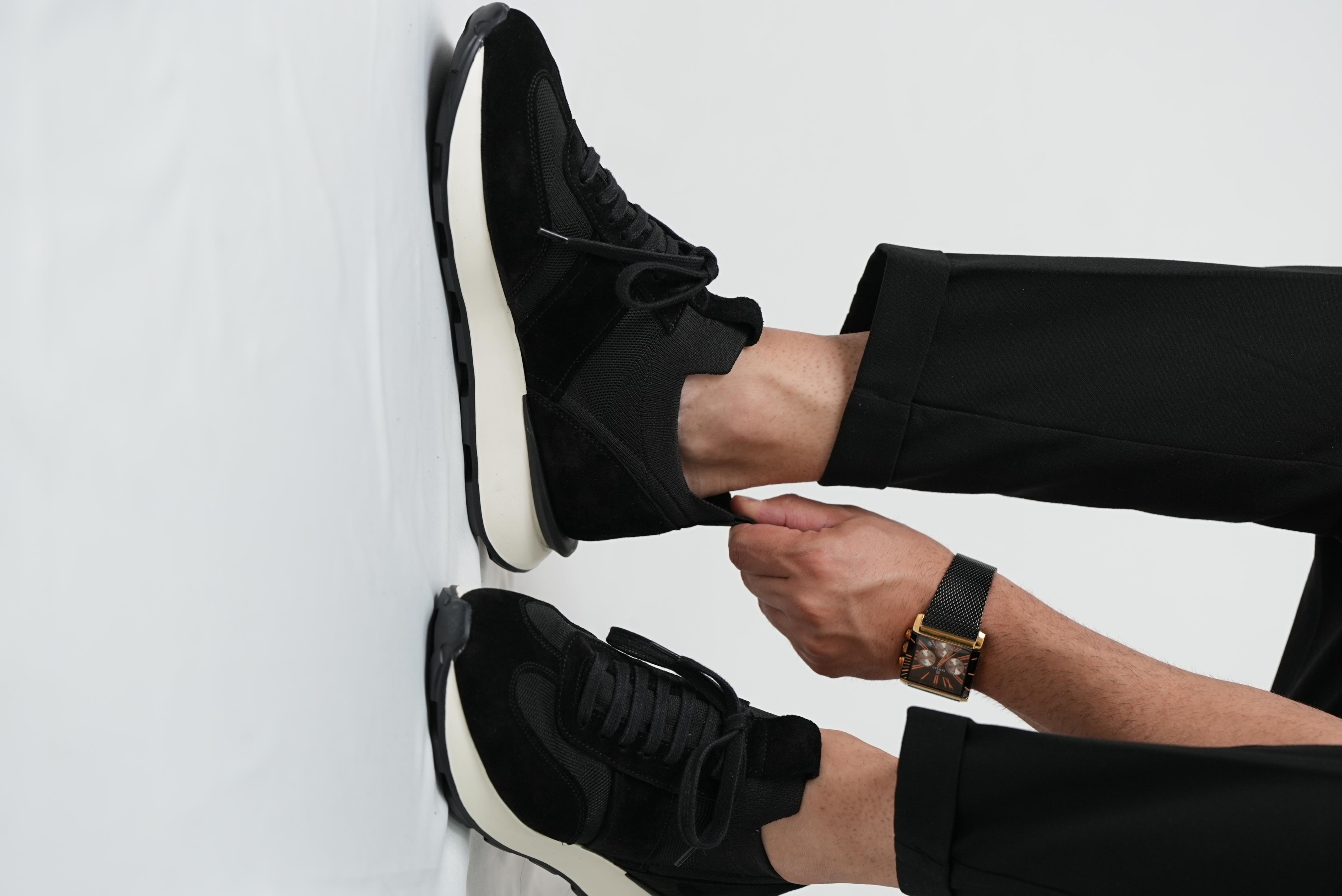 Darell Model Hakiki Deri El Yapımı Siyah Erkek Triko Sneaker Ayakkabı