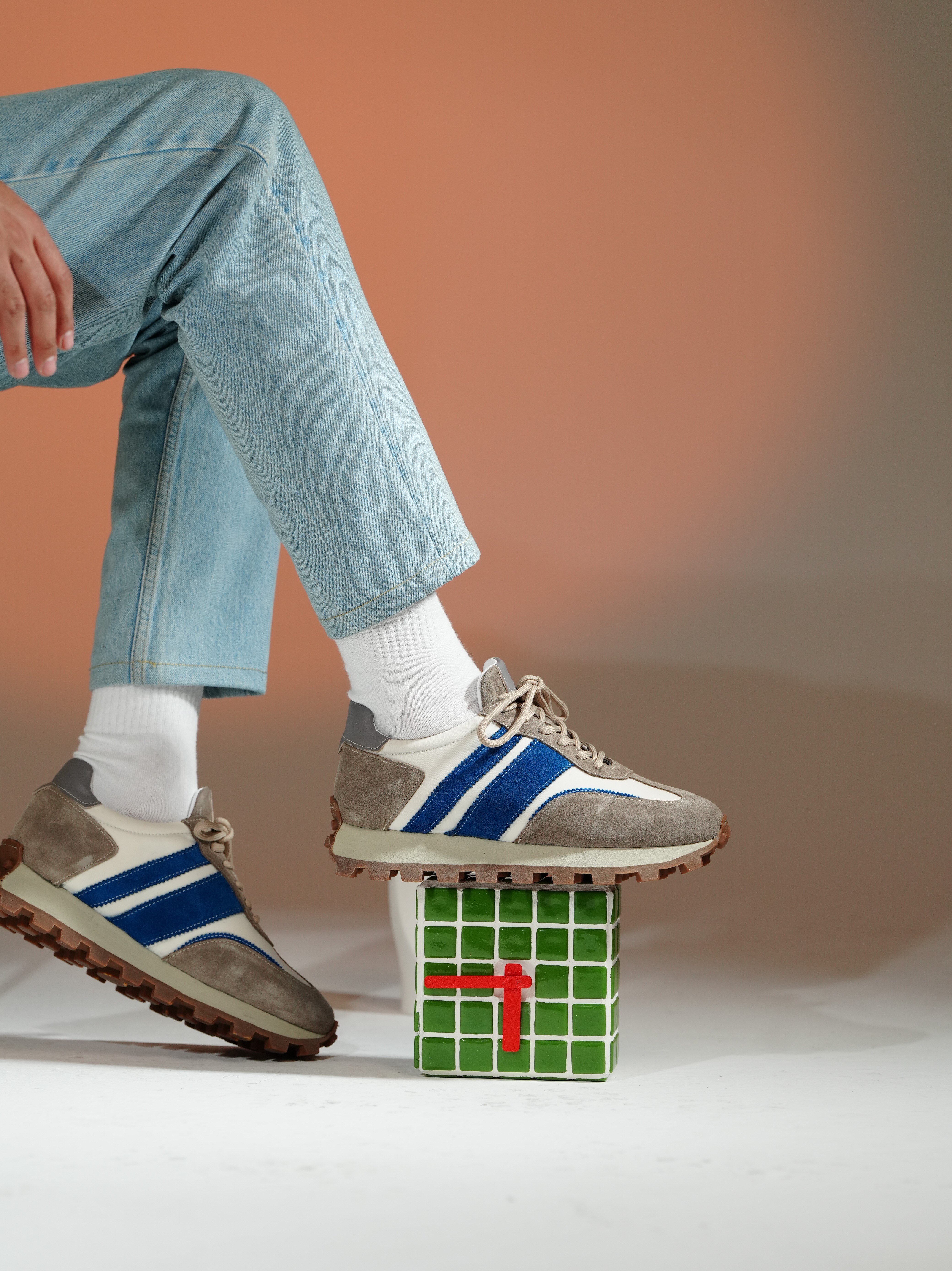 Dustin Model Hakiki Deri El Yapımı Bej Mavi Sneaker Ayakkabı