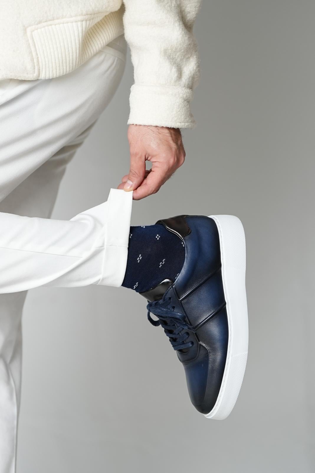 Eddy model Model Hakiki Deri El Yapımı Erkek Lacivert Sneakers Ayakkabı