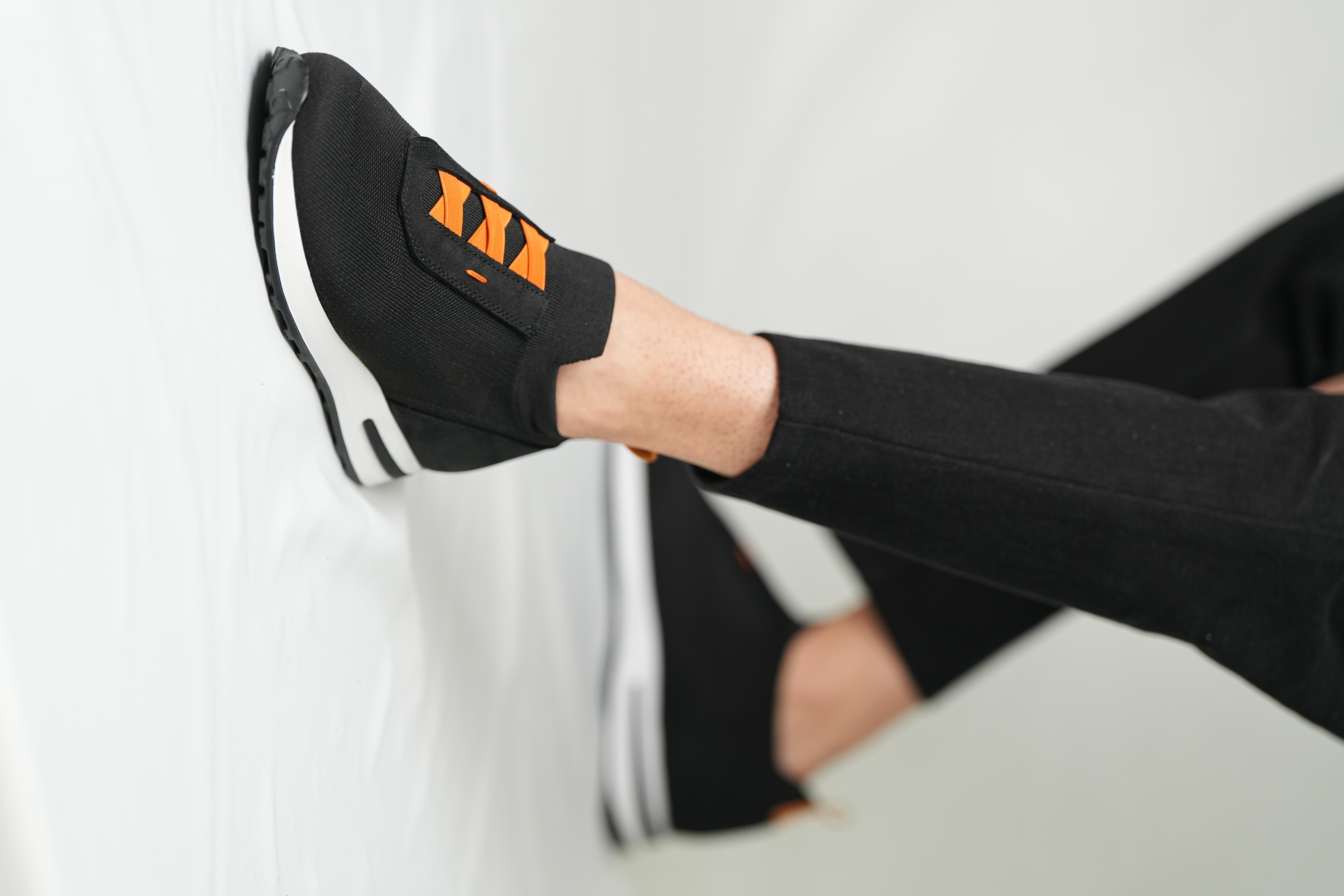 Elly Model Hakiki Deri El Yapımı Siyah Turuncu Triko Sneaker Ayakkabı