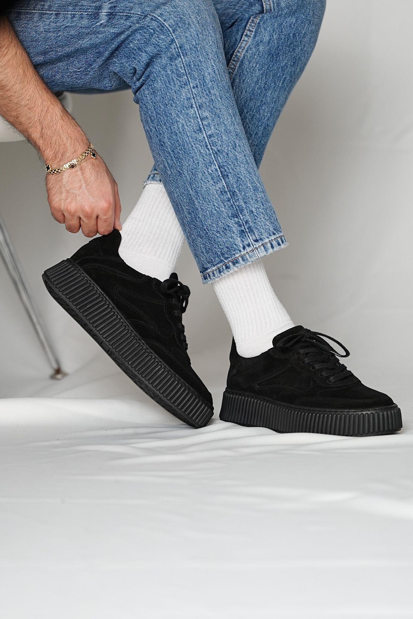 Pgup Model Hakiki Deri El Yapımı Erkek Siyah Süet Sneaker Ayakkabı