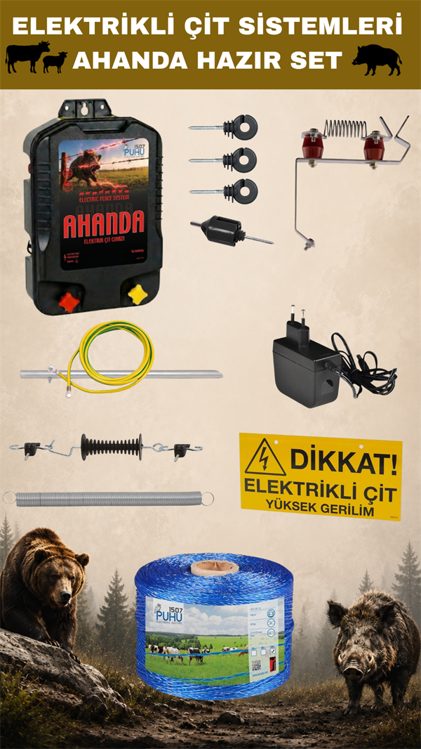 Puhu1507 PUHU AHANDA ÇİT CİHAZI HAZIR KURULUM SETİ (15000 VOLT CİHAZLI)