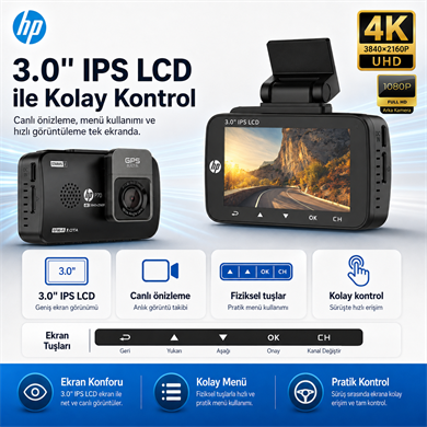 Hp P70 4K Lcd Ekran Wi-fi Ön-Arka Araç İçi Kamera