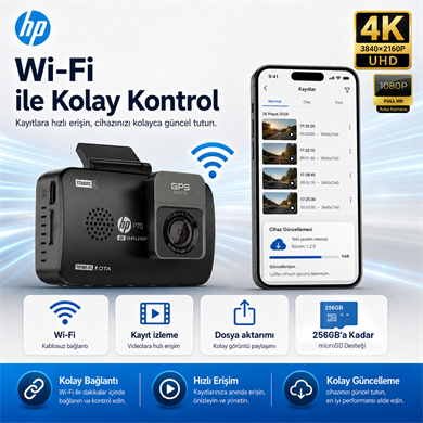 Hp P70 4K Lcd Ekran Wi-fi Ön-Arka Araç İçi Kamera