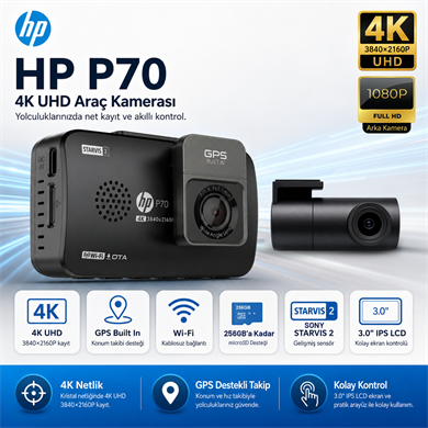 Hp P70 4K Lcd Ekran Wi-fi Ön-Arka Araç İçi Kamera