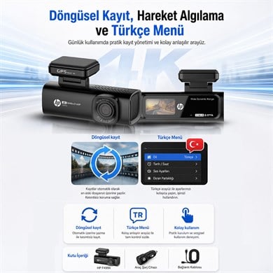 HP F499x 4K Araç İçi Lcd Ekran Wi-fi Kamera