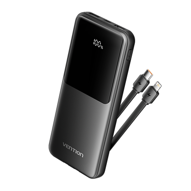 Ventiom 10000mAh 22.5W Powerbank (Micro-USB + USB-C + 2xUSB-A ) Dahili USB-C ve Lightning Kablolu LED Ekranlı Siyah - FHO
