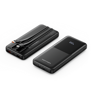 Vention 10000mAh 22.5W Powerbank (Micro-USB + USB-C + 2xUSB-A ) Dahili USB-C ve Lightning Kablolu LED Ekranlı Siyah - FHO