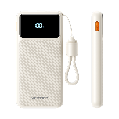 Vention 10000mAh 22.5W Powerbank (USB-C + USB-A) Dahili Askı Kablolu LED Ekranlı Beyaz - N16B-1