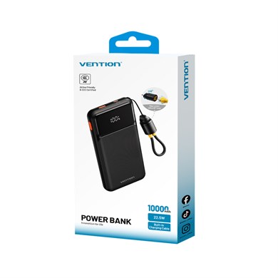 Vention 10000mAh 22.5W Powerbank (USB-C + USB-A) Dahili Askı Kablolu LED Ekranlı Siyah - N16B-1