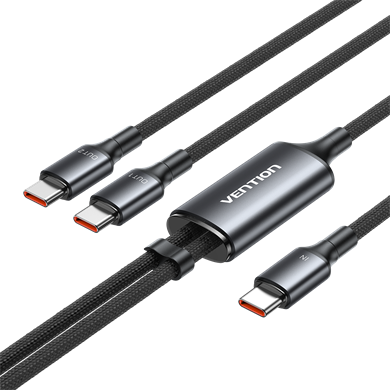 Vention 140W Çift Tip-C Çıkışlı 5A Alüminyum Alaşımlı Örgülü İkili Hızlı Şarj Kablosu 1,3m Siyah - TRU 
