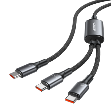 Vention 140W Çift Tip-C Çıkışlı 5A Alüminyum Alaşımlı Örgülü İkili Hızlı Şarj Kablosu 1,3m Siyah - TRU 