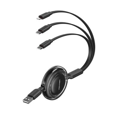 Vention 3,5A Makaralı Çift Type-C ve Lightning Çıkışlı Hızlı Şarj ve Data Kablosu 1,1m Siyah - TRJ