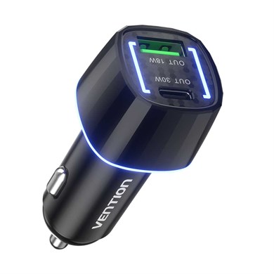 Vention 48W Çift Portlu (Type-C 30W + USB-A 18W) LED aydınlatmalı Hızlı Araç Şarj Cihazı Siyah - FFR