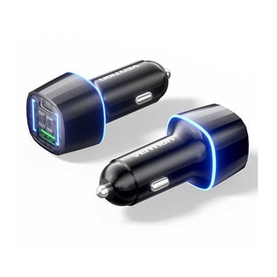 Vention 48W Çift Portlu (Type-C 30W + USB-A 18W) LED aydınlatmalı Hızlı Araç Şarj Cihazı Siyah - FFR