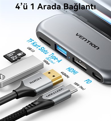 Vention 4ü 1 Arada Alüminyum Alaşımlı Kablo Gerektirmeyen Tip-C Hub Çoklayıcı - 4K HDMI USB 3,2 Gen 2 TF Gri - THYH0