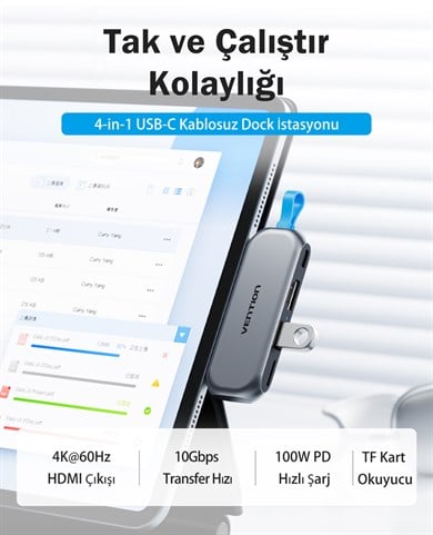 Vention 4ü 1 Arada Alüminyum Alaşımlı Kablo Gerektirmeyen Tip-C Hub Çoklayıcı - 4K HDMI USB 3,2 Gen 2 TF Gri - THYH0