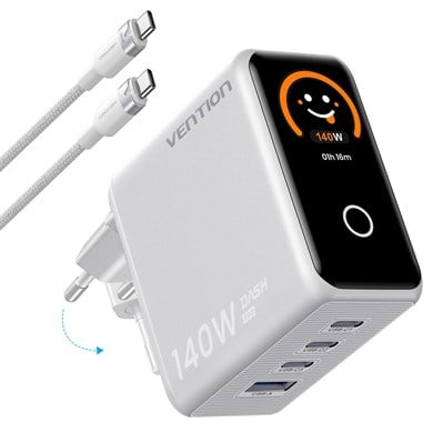 Vention Dash Pro Serisi 140W GaN 5.0 Multi-Port Şarj Cihazı (Akıllı Dijital Ekran ve Emoji Göstergeli, PD 3.1, 3x USB-C + 1x USB-A) - 240W E-Marker Kablo Dahil Beyaz - TZ-FCO