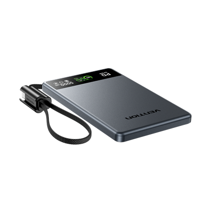 Vention Ultra Slim Serisi 5000mAh Powerbank 15W Manyetik Kablosuz Şarj  (2xUSB-C) TFT Ekran Dahili Askı Kablolu Gri - FKK