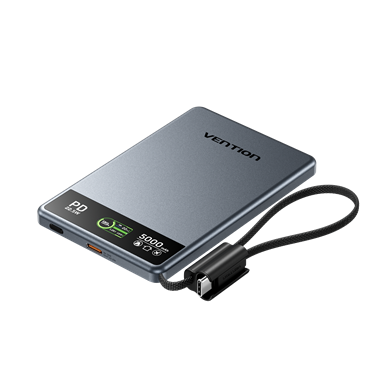 Vention Ultra Slim Serisi 5000mAh Powerbank 15W Manyetik Kablosuz Şarj  (2xUSB-C) TFT Ekran Dahili Askı Kablolu Gri - FKK