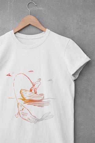 Renkli Balık Tutan Adam Tasarım T-shirt