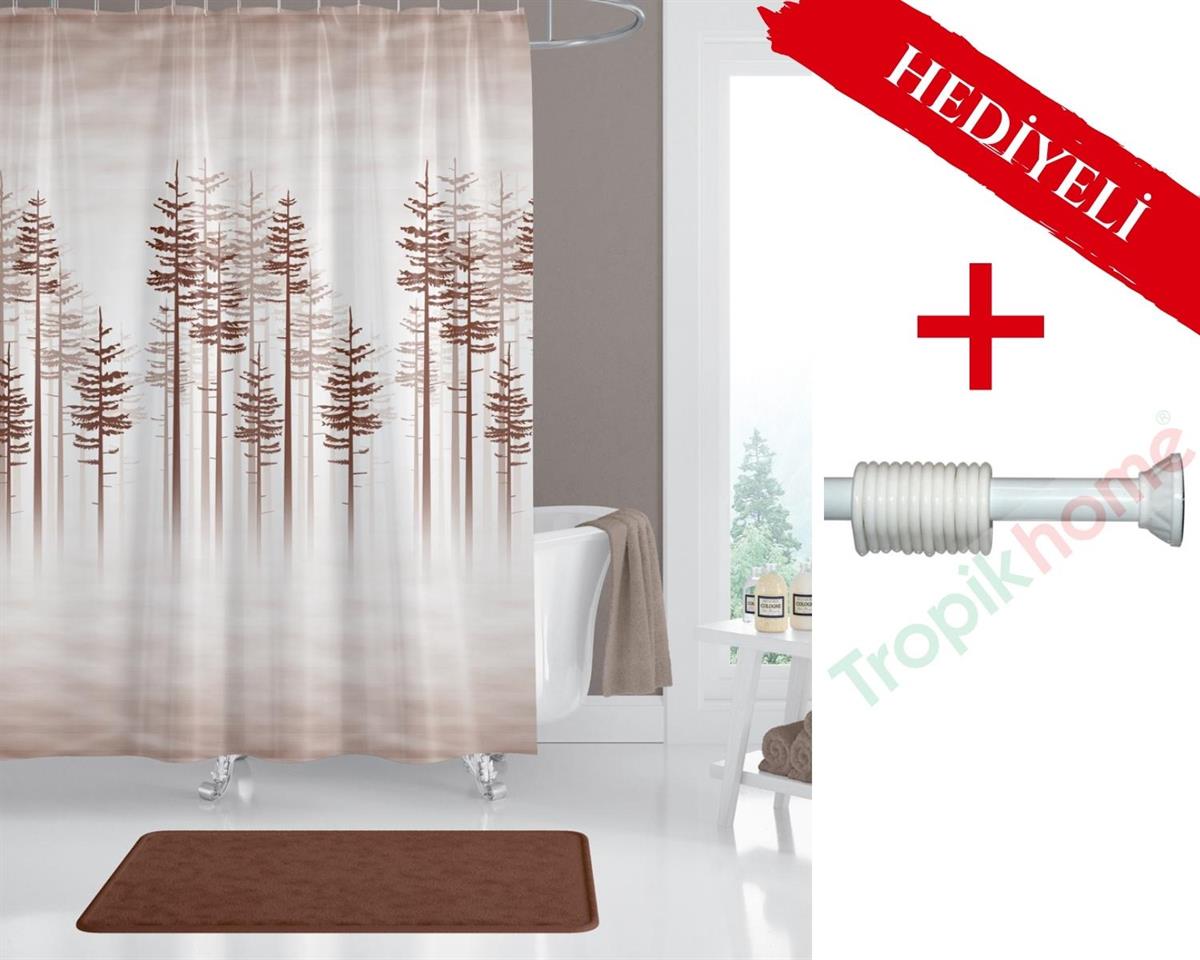  Ağaç Desen Banyo Perdesi Askı Hediyeli 180x200cm Tek Kanat Duş Perdesi, Kahverengi Banyo Duş Perdesi