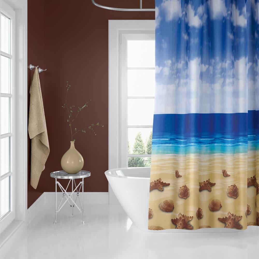 Deniz ve Kum Manzara Desenli Banyo Perdesi 180x200 C Halkalı Lüx Duş Perdesi