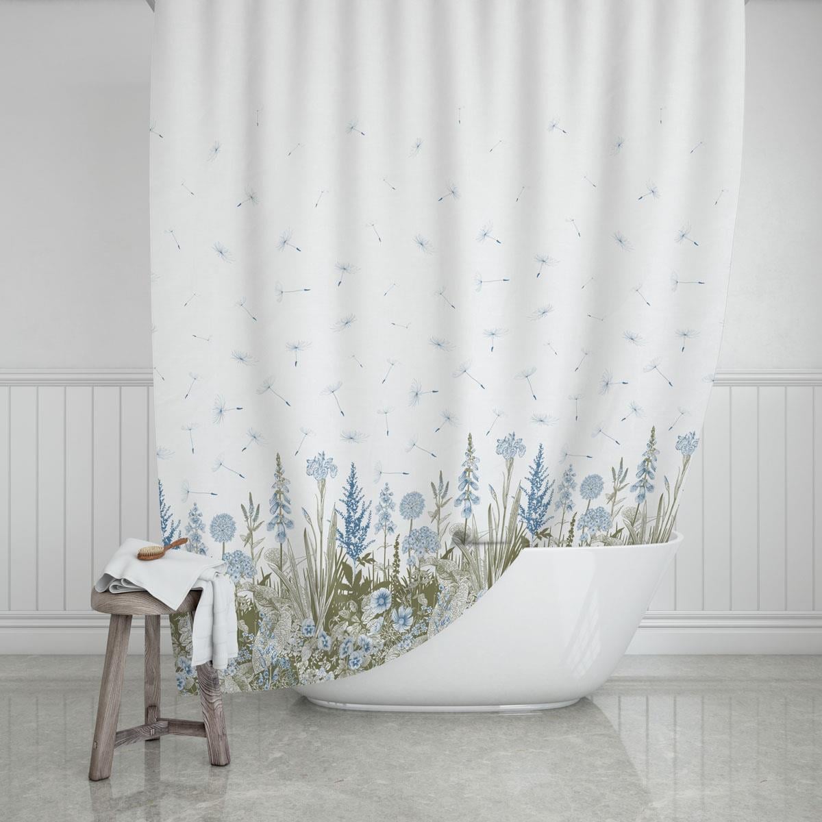 Duş Perdesi Çift Kanat 2x120x200cm Kır Desenli Banyo Perdesi 16 Adet C Halka Hediyeli