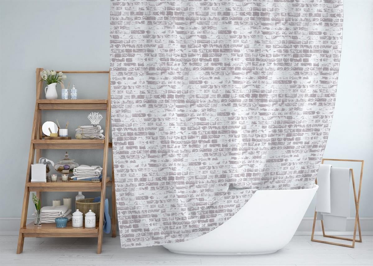 Duş Perdesi Çift Kanat 2x120x200cm Tuğla Desenli Banyo Perdesi 16 Adet C Halka Hediyeli