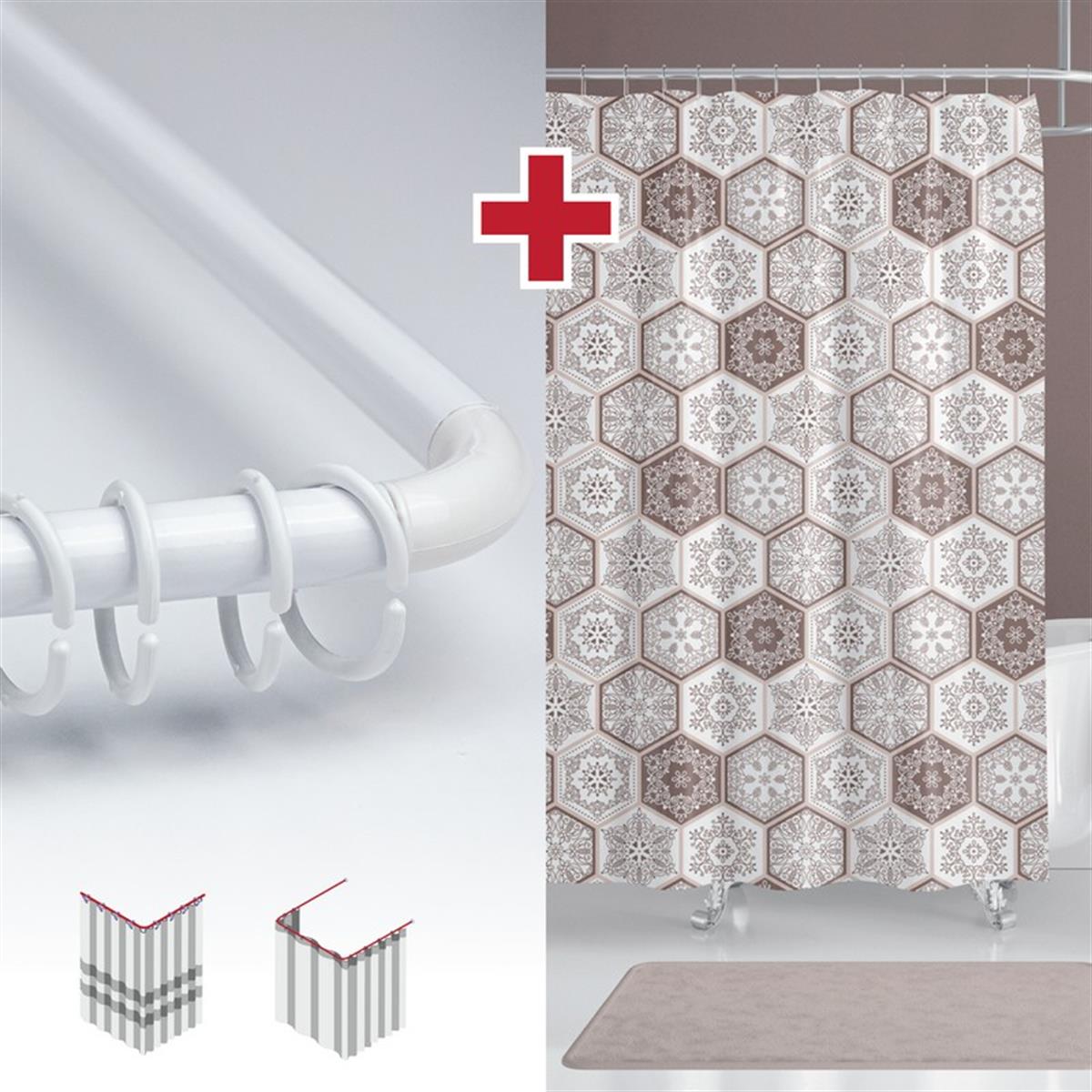 Etnik Desen Banyo Perdesi Askı Hediyeli 180x200cm Tek Kanat Kahverengi Duş Perdesi, L Boru Hediyeli