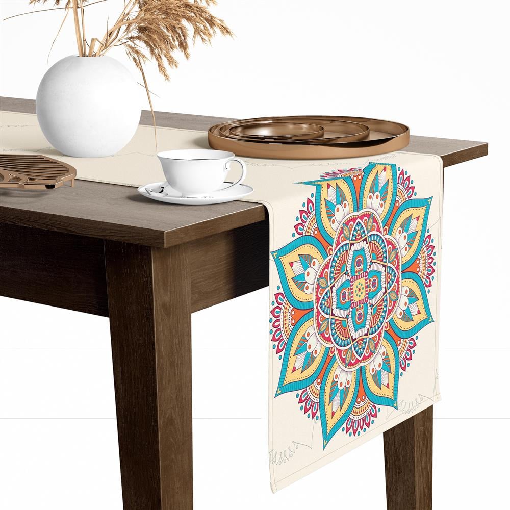 Etnik Desen Renkli Baskılı Masa Ve Sunum Runner Amerikan Servis Dijital Baskılı 40x145