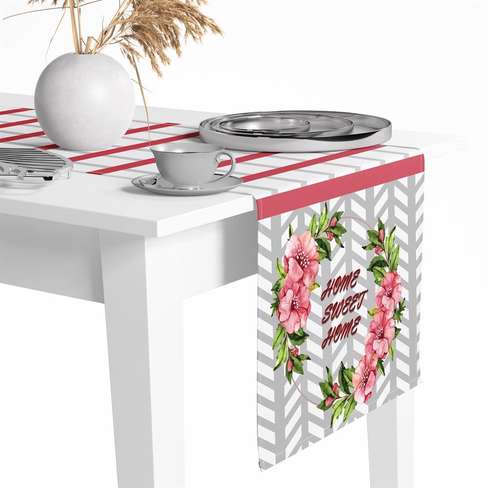 Home Sweet Desen Renkli Masa Sunum Runner Amerikan Servis Dijital Baskılı  40x145