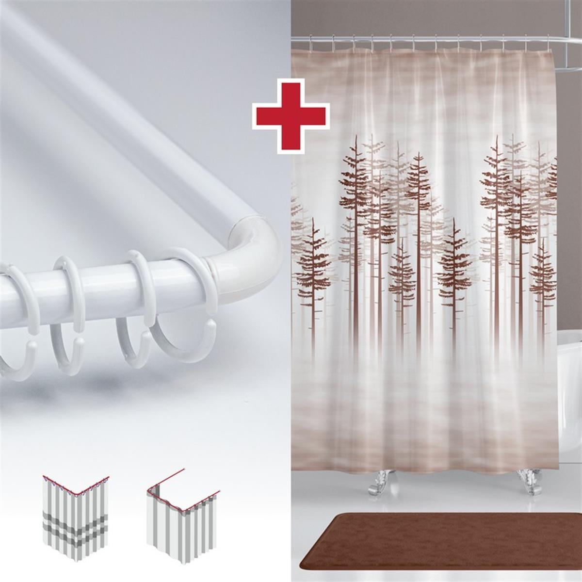 Kahverengi Ağaç Desen Banyo Perdesi Askı Hediyeli 180x200cm Tek Kanat Duş Perdesi, L Boru Hediyeli