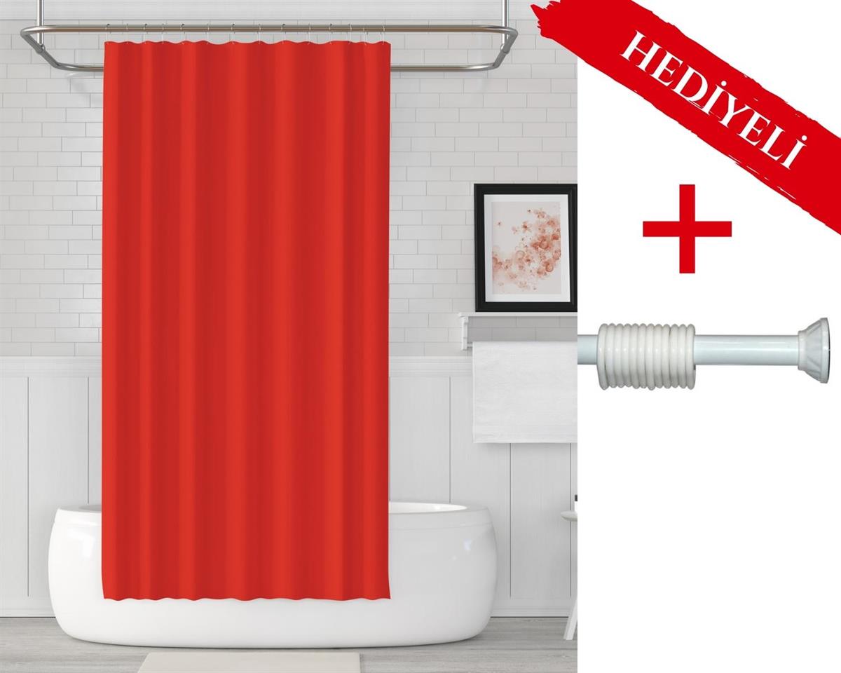 Kırmızı Banyo Perdesi Askı Hediyeli 180x200cm Tek Kanat Duş Perdesi, Renkli Banyo Duş Perdesi