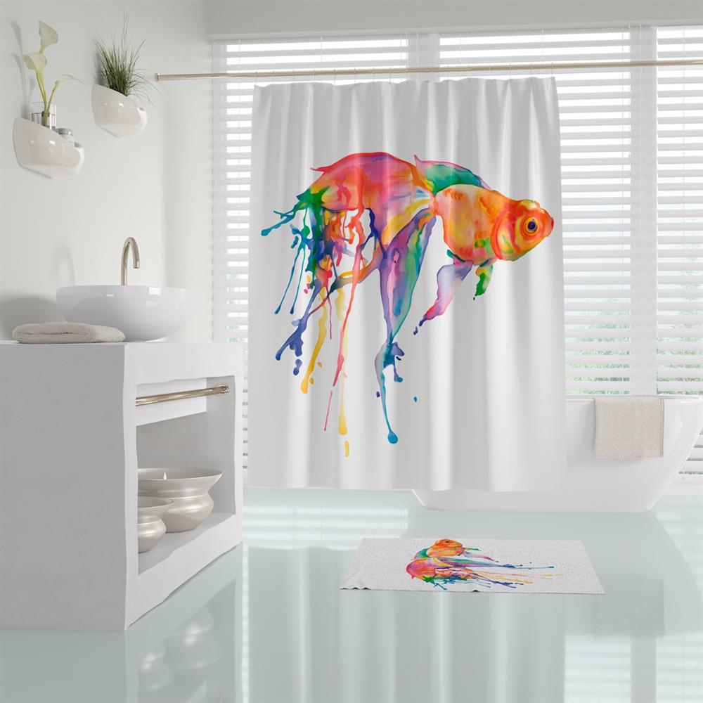 Küvet Perdesi-Dijital Baskı Balık Desen Banyo Duş Perdesi, Su Geçirmez Banyo Duş Seti 180x200 cm
