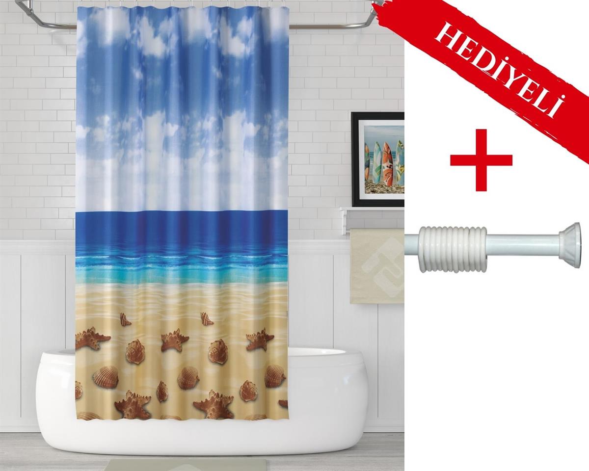 Mavi Kahve Banyo Perdesi Askı Hediyeli 180x200cm Tek Kanat Duş Perdesi, Deniz Kum Banyo Duş Perdesi