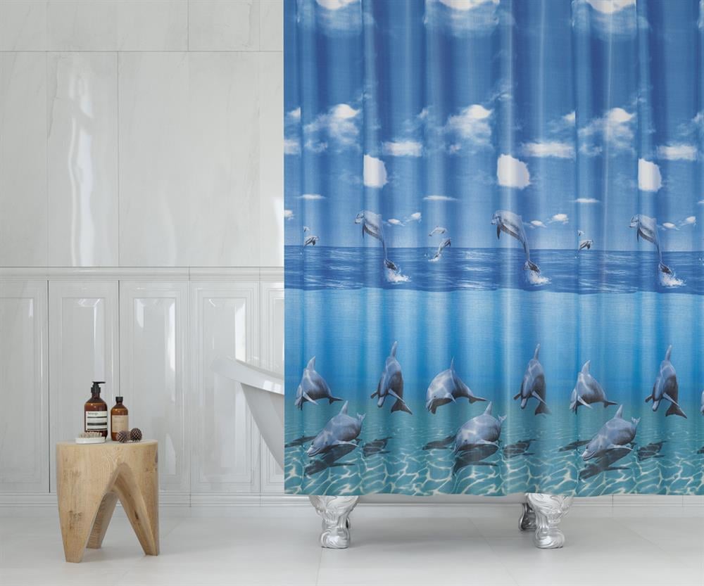 Mavi Yunus Desen Banyo Perdesi-Mavi Renk Duş Perdesi, 180x200 cm Küvet Perdesi