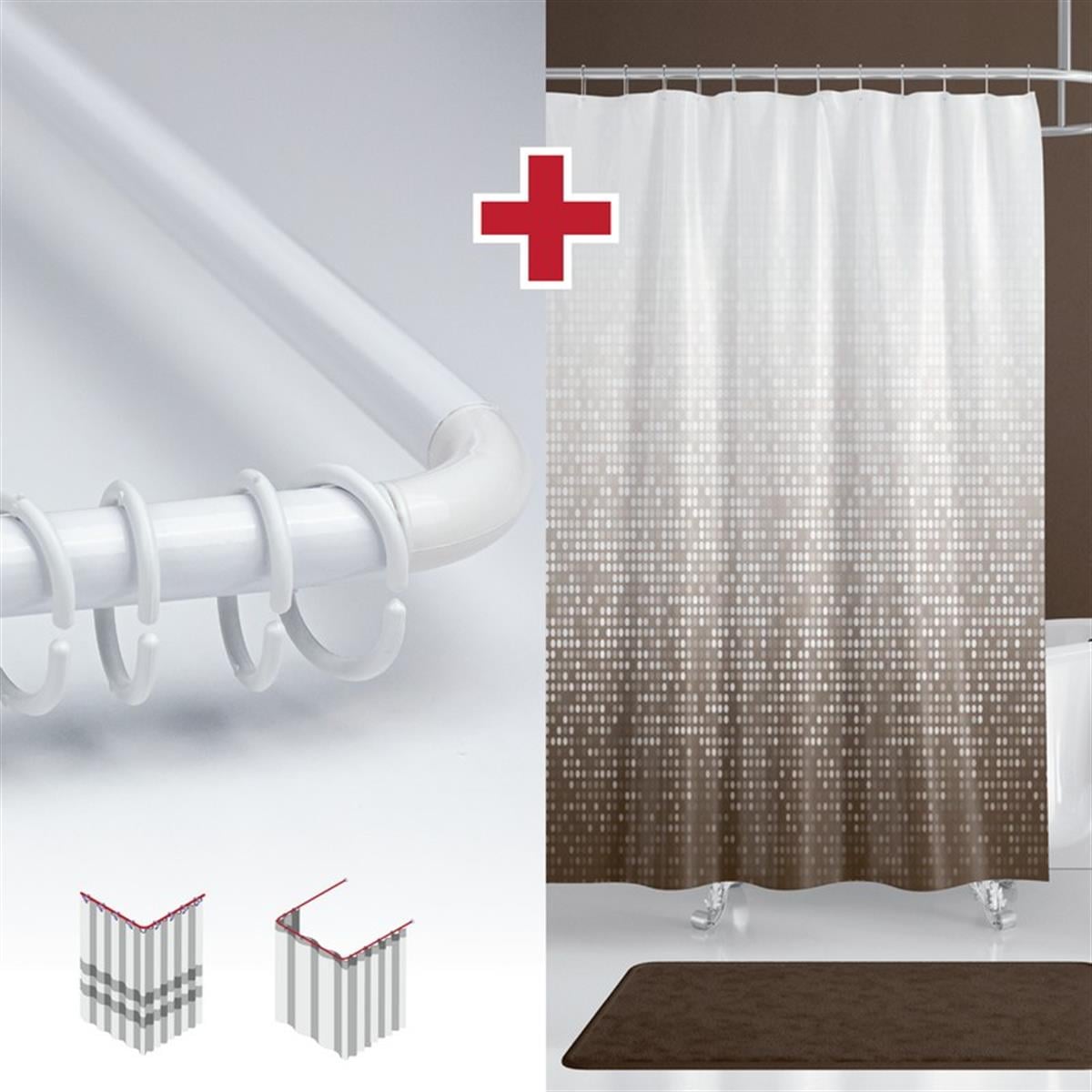 Nokta Desen Banyo Perdesi Askı Hediyeli 180x200cm Tek Kanat Kahverengi Duş Perdesi, L Boru Hediyeli
