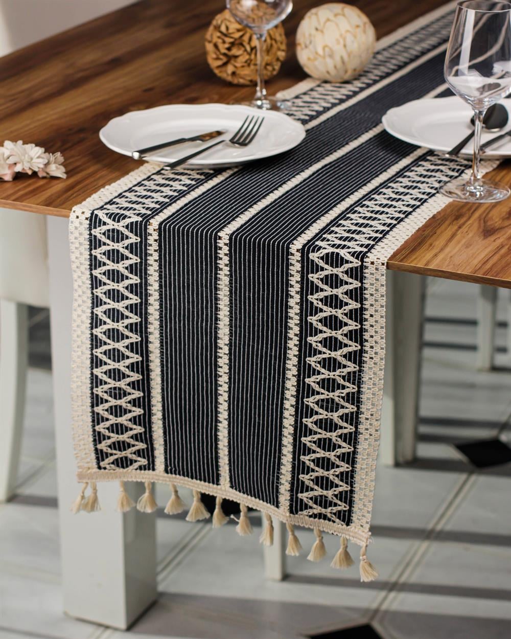 Örme Lacivert Runner , Püsküllü Organik Pamuk Dantel Örme Runner 35x155 Cm Regina Runner Örtüsü