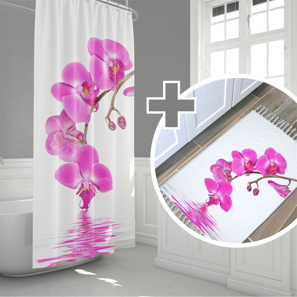 Pembe Orkide Desen Banyo Paspası, Dijital Baskılı Kaymaz Taban Banyo Paspası ve Orkide Banyo Perdesi