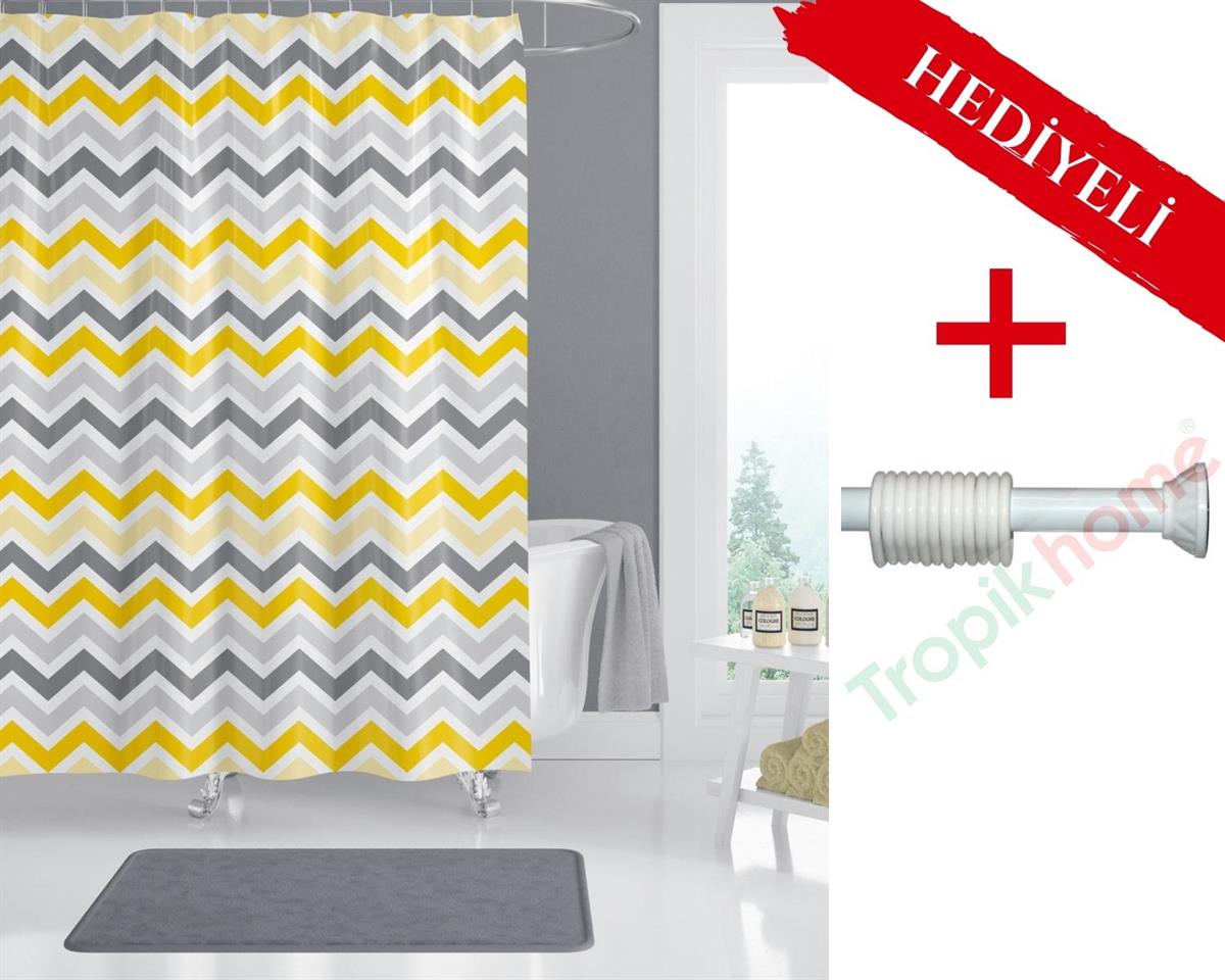 Sarı Banyo Perdesi Askı Hediyeli 180x200cm Tek Kanat Duş Perdesi, Renkli Banyo Duş Perdesi