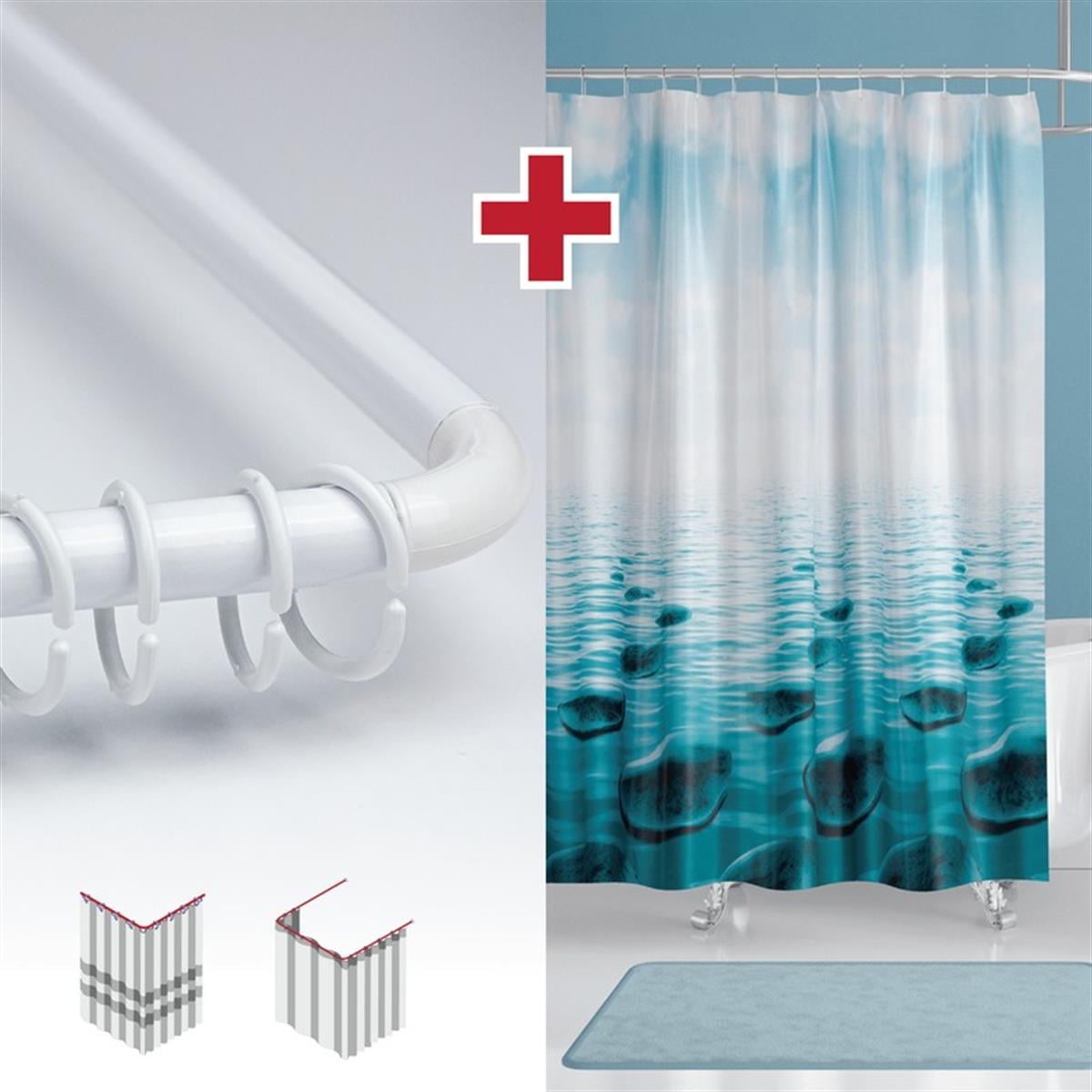 Taş Desen Banyo Perdesi Askı Hediyeli 180x200cm Tek Kanat Mavi Duş Perdesi, L Boru Hediyeli