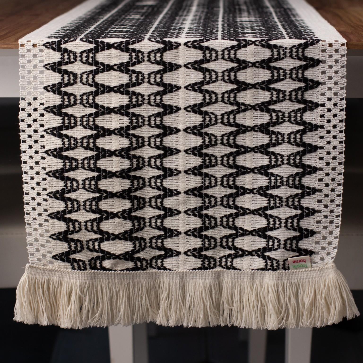Lucia Örme Runner Pamuklu Dantel Püsküllü Runner 35x145 Cm Masa Örtüsü Siyah Geçişli Krem RunnerUygun fiyatlı üreticiden toptan masa örtüsü runner setleri 